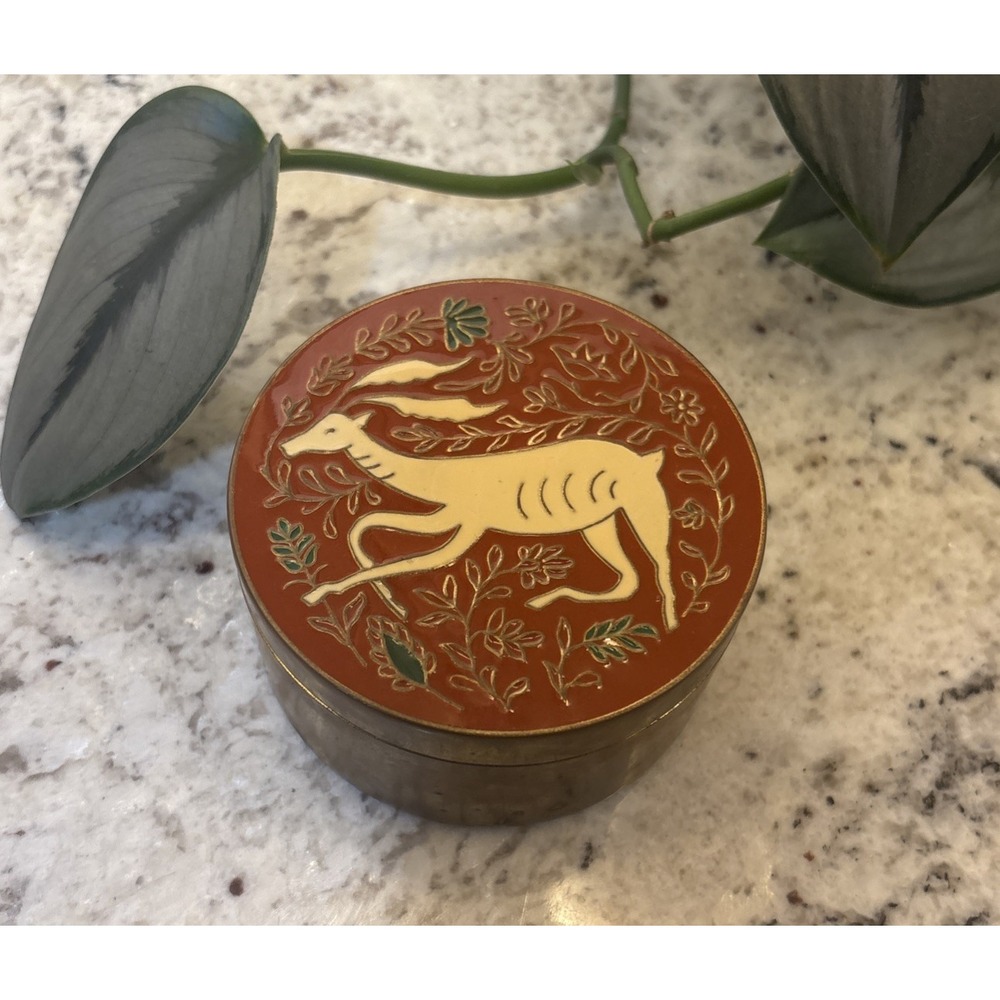 Vintage Cloisonne Style Enamel Box Mid Century Modern Deer Reindeer Deer brass